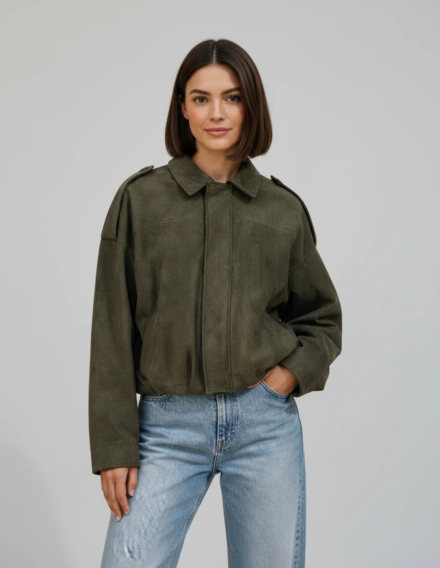 Women's Cropped Bomber Jacket with Wrap Front and Funnel Neck
