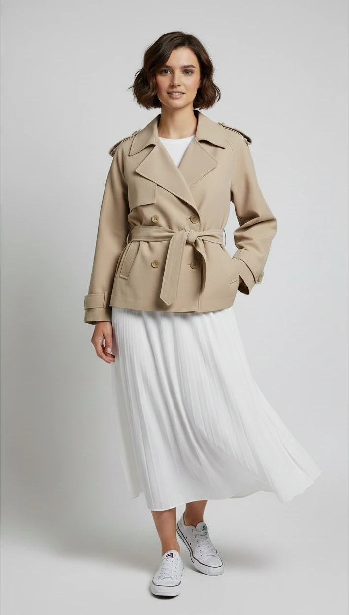 Women's Short Trench Coat with Belted and Wrap Front