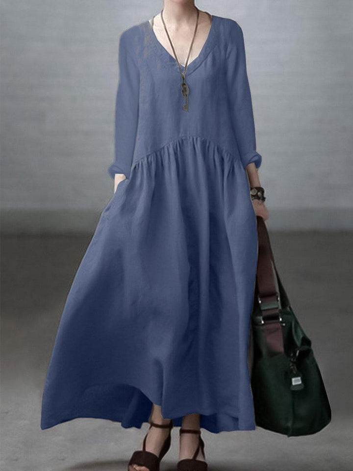 Ivory-lotus Simple and Loose V-neck Cotton and Linen Dress