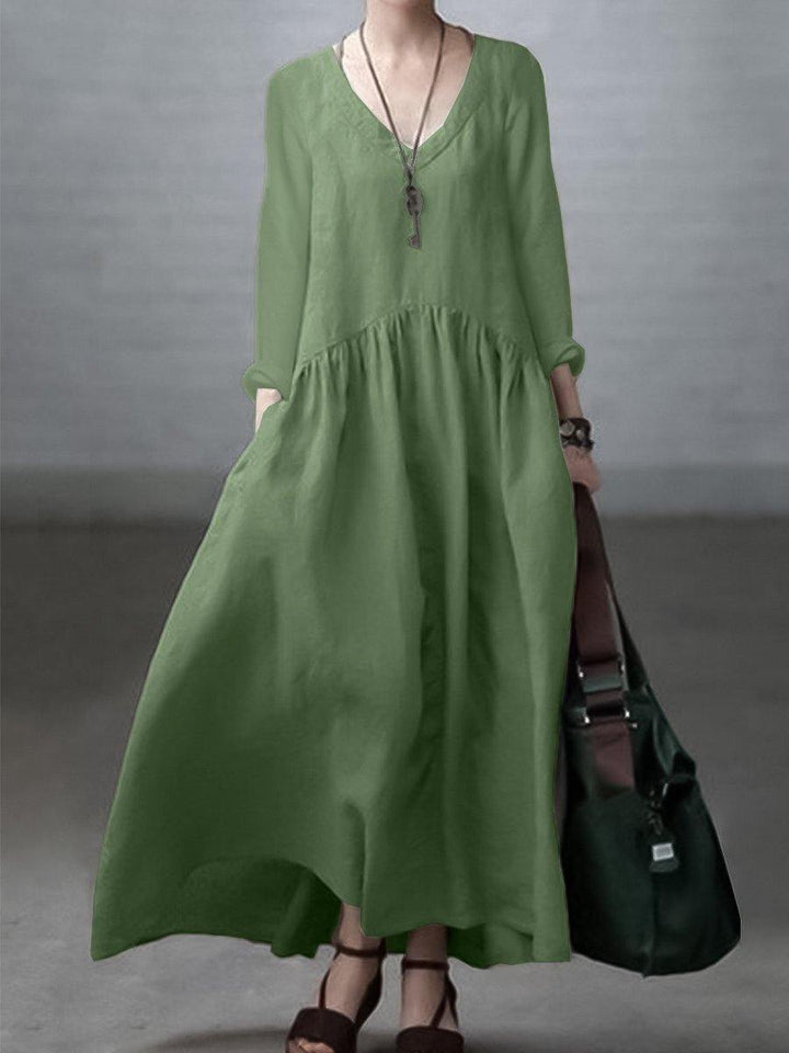 Ivory-lotus Simple and Loose V-neck Cotton and Linen Dress