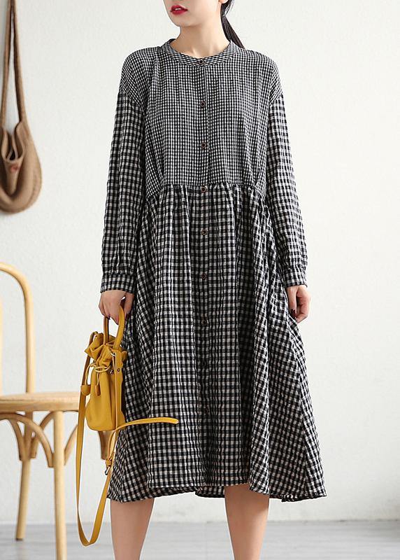 Bohemian o neck patchwork cotton linen Long Shirts Work Outfits black plaid Dress