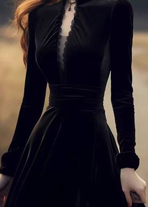 Elegant Black Stand Collar Patchwork Slim Fit Velvet Dresses Spring