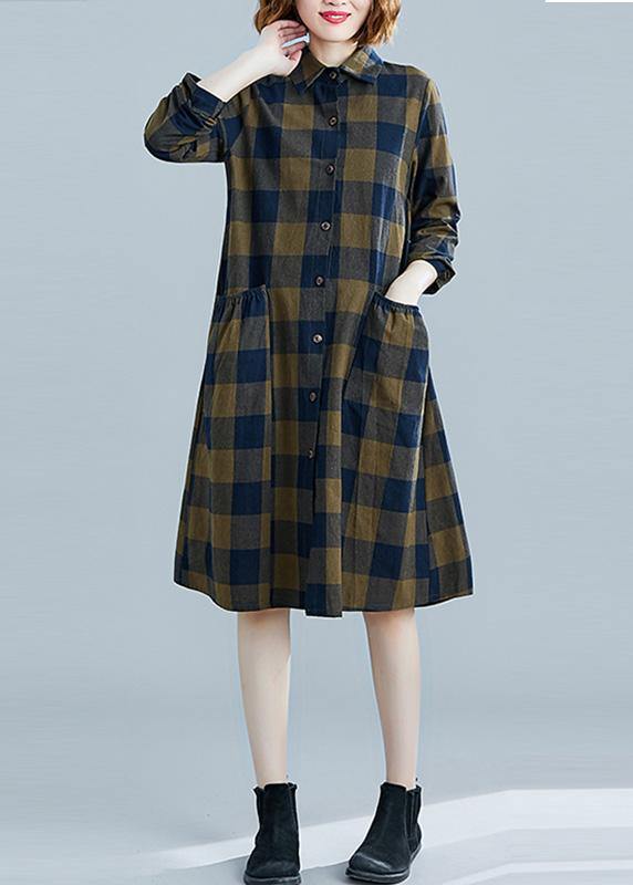 French plaid Cotton clothes Women lapel pockets daily spring Dresses