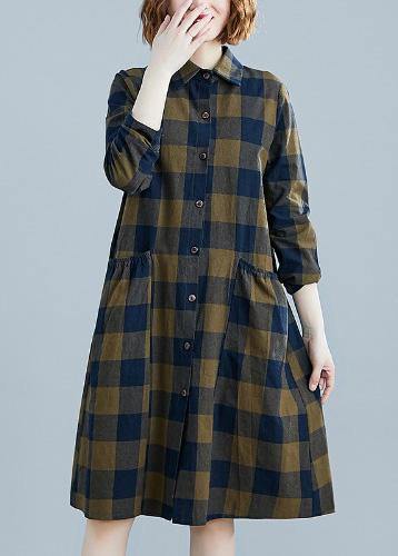 French plaid Cotton clothes Women lapel pockets daily spring Dresses
