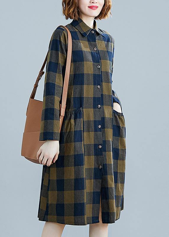 French plaid Cotton clothes Women lapel pockets daily spring Dresses