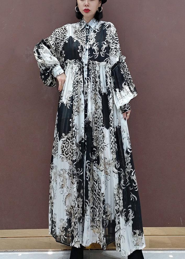 Italian Stand Collar Cinched Spring Dress Runway Green Print Loose Dress
