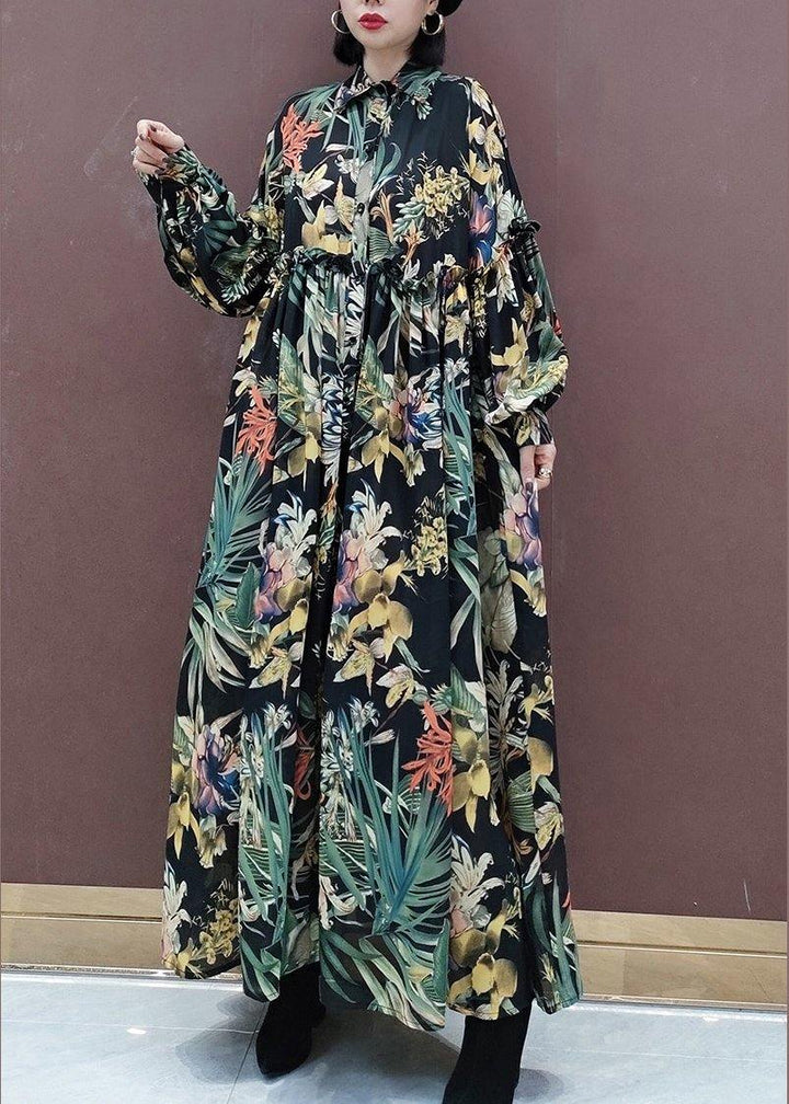 Italian Stand Collar Cinched Spring Dress Runway Green Print Loose Dress