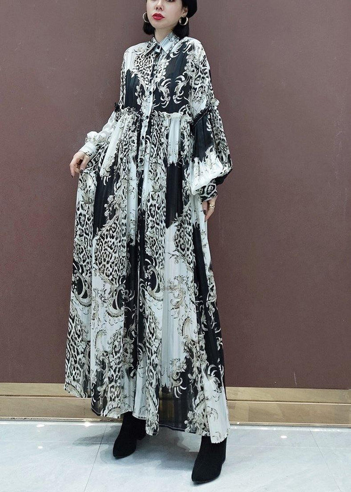 Italian Stand Collar Cinched Spring Dress Runway Green Print Loose Dress