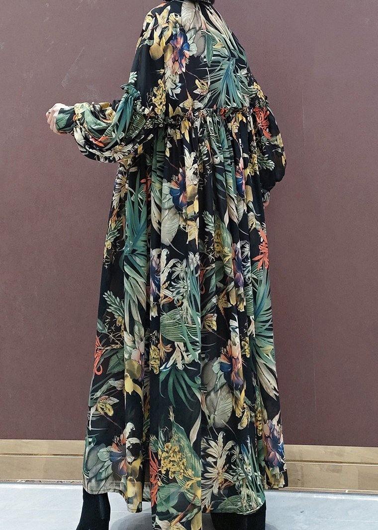 Italian Stand Collar Cinched Spring Dress Runway Green Print Loose Dress