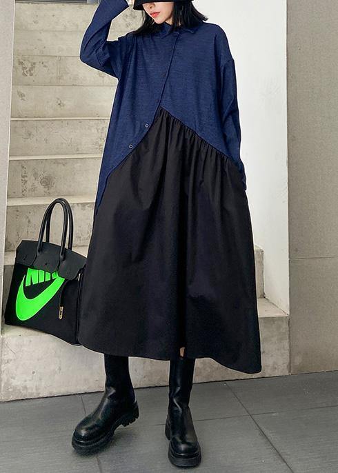 Italian black patchwork blue dress women lapel Cinched oversized dress