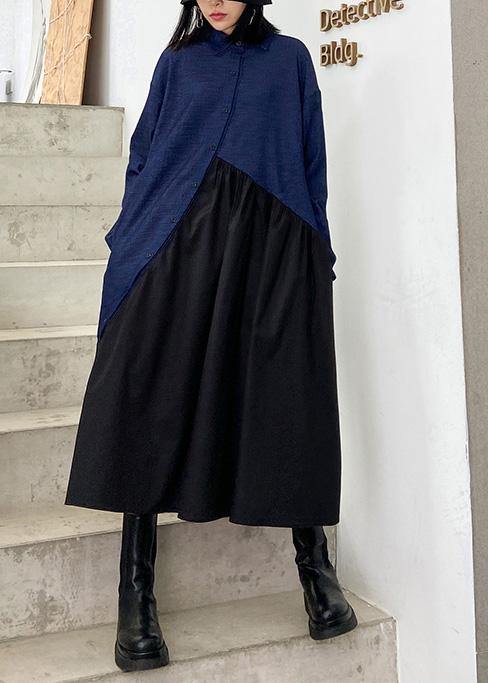 Italian black patchwork blue dress women lapel Cinched oversized dress