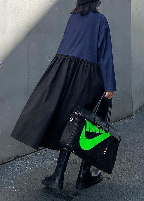 Italian black patchwork blue dress women lapel Cinched oversized dress
