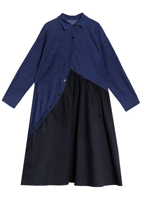 Italian black patchwork blue dress women lapel Cinched oversized dress