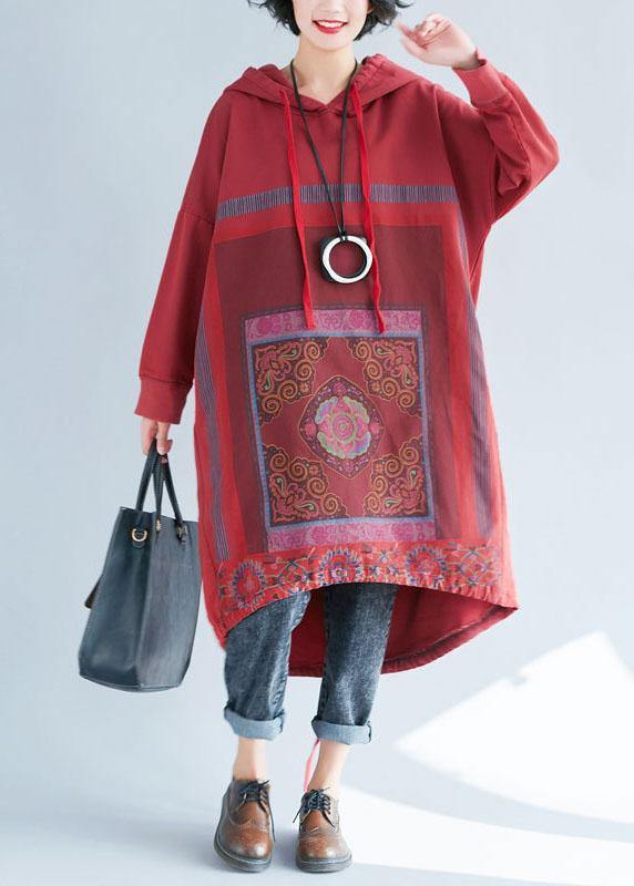 Loose Red Hooded Print Asymmetrical Design Fall Pullover Dress