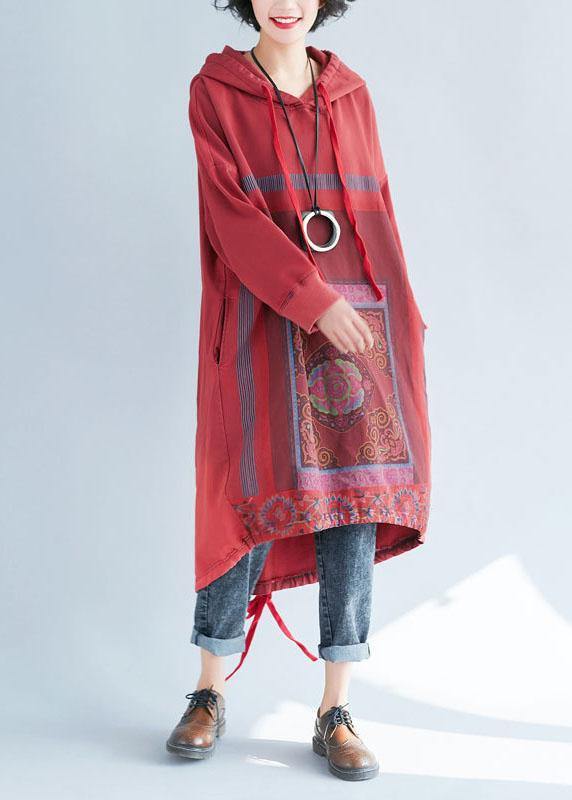 Loose Red Hooded Print Asymmetrical Design Fall Pullover Dress