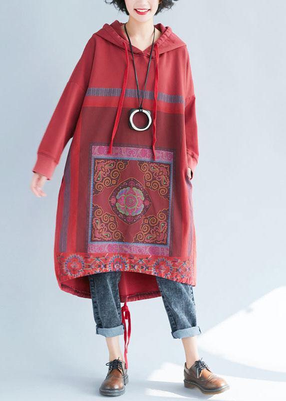 Loose Red Hooded Print Asymmetrical Design Fall Pullover Dress