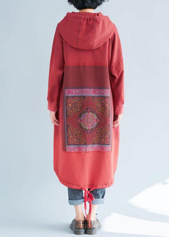 Loose Red Hooded Print Asymmetrical Design Fall Pullover Dress