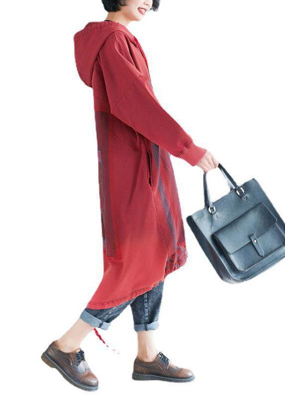 Loose Red Hooded Print Asymmetrical Design Fall Pullover Dress