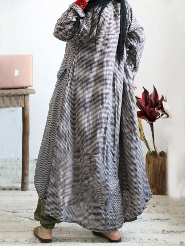 Loose o neck asymmetric cotton linen Soft Surroundings Wardrobes plaid Dress