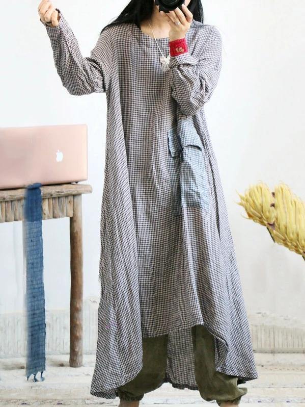 Loose o neck asymmetric cotton linen Soft Surroundings Wardrobes plaid Dress