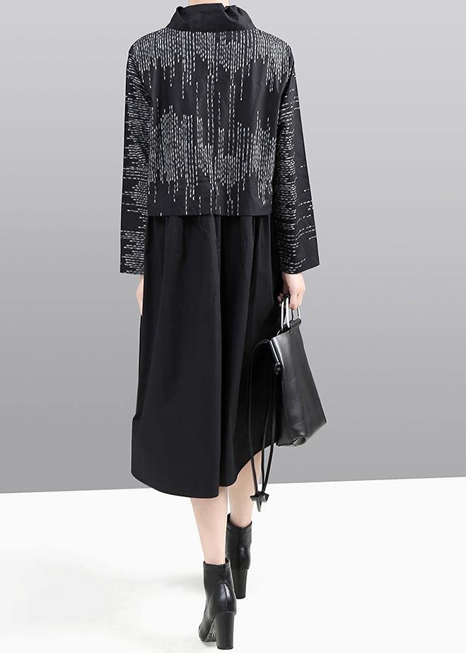 Modern false two pieces cotton patchwork quilting dresses Shirts gray prints Plus Size Dress