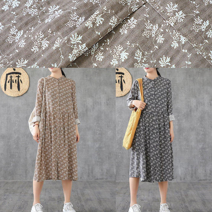 Natural stand collar patchwork cotton linen dresses Sleeve khaki print Dress