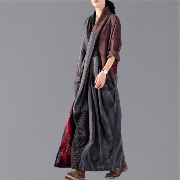 New red Plaid oversize v neck patchwork linen clothing dress women pockets asymmetrical design caftans