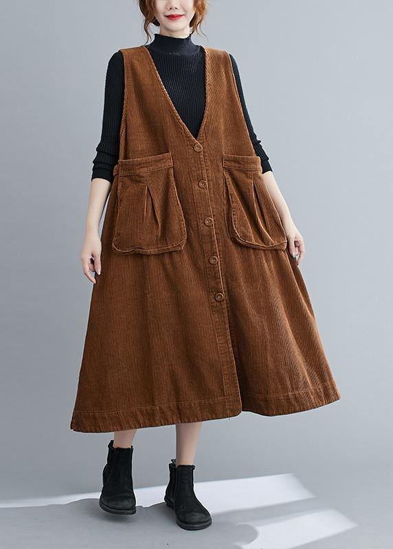 Unique V Neck Sleeveless cotton Spring Dresses Lnspiration Brown Robe Dress