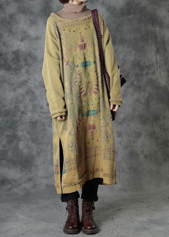 Unique Yellow O-Neck Side Open Cotton Fall Dress Street Wear