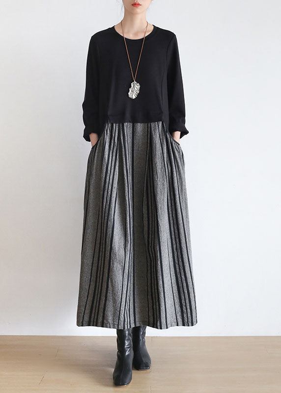 Vintage Black Striped Pockets Patchwork Linen Holiday Dress Long Sleeve