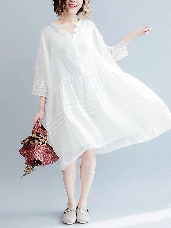 Vivid white Cotton tunic dress v neck half sleeve short Dresses