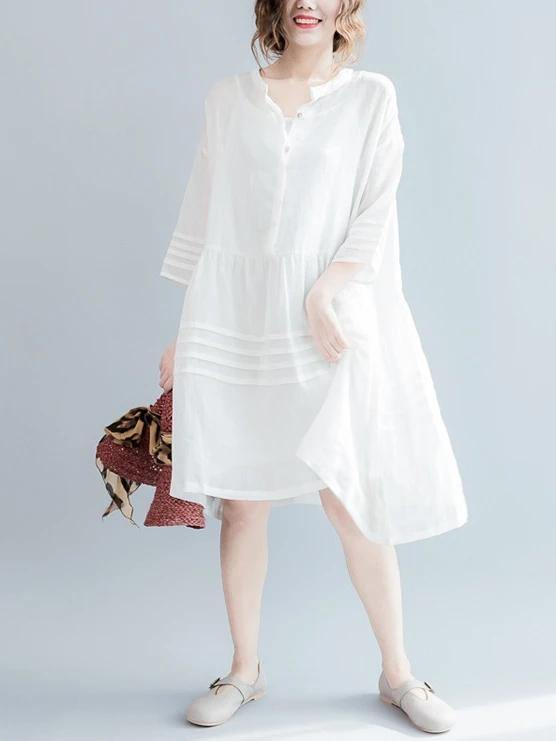 Vivid white Cotton tunic dress v neck half sleeve short Dresses