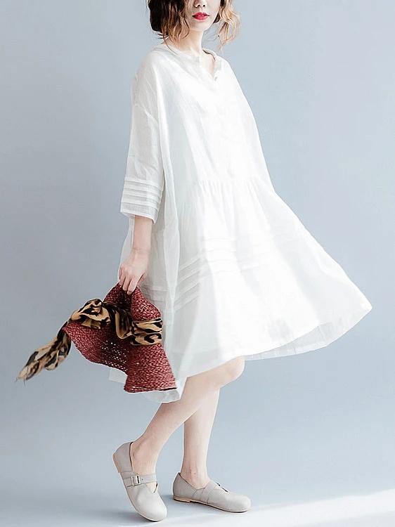 Vivid white Cotton tunic dress v neck half sleeve short Dresses