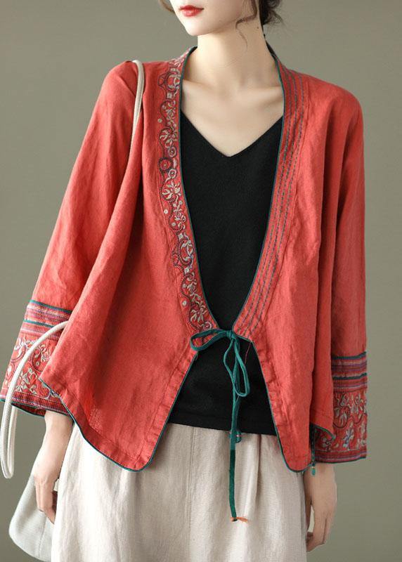 Women Plum Floral Embroidered Long sleeve Linen Shirt