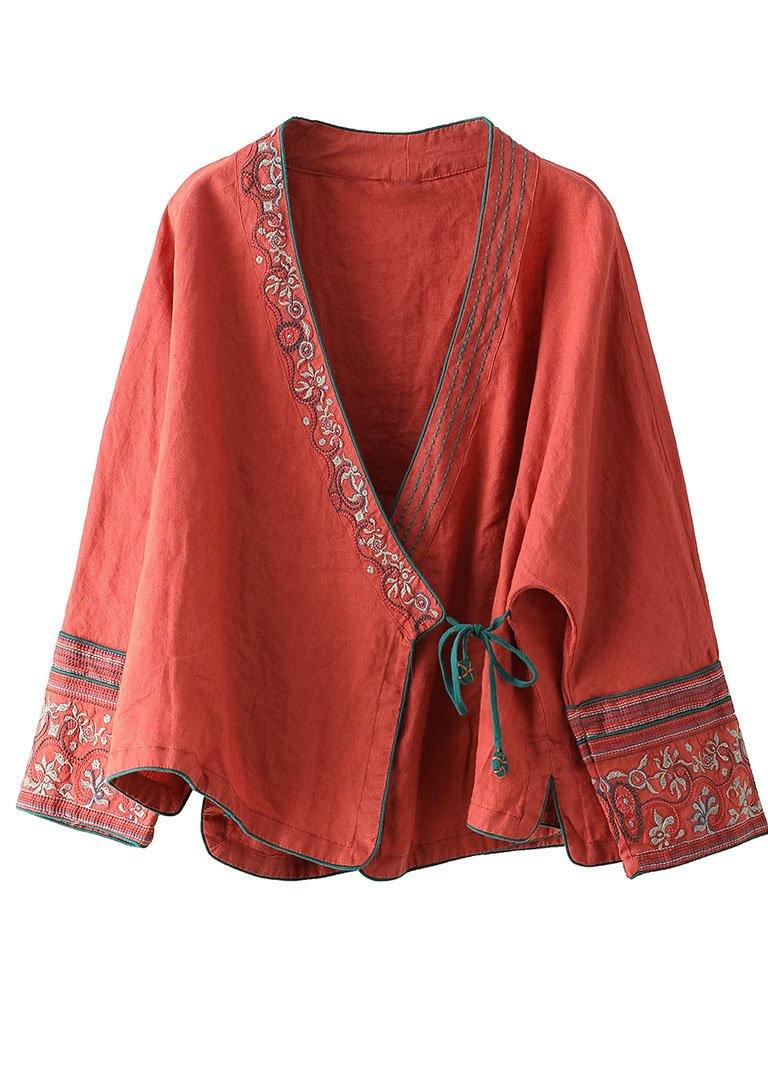 Women Plum Floral Embroidered Long sleeve Linen Shirt