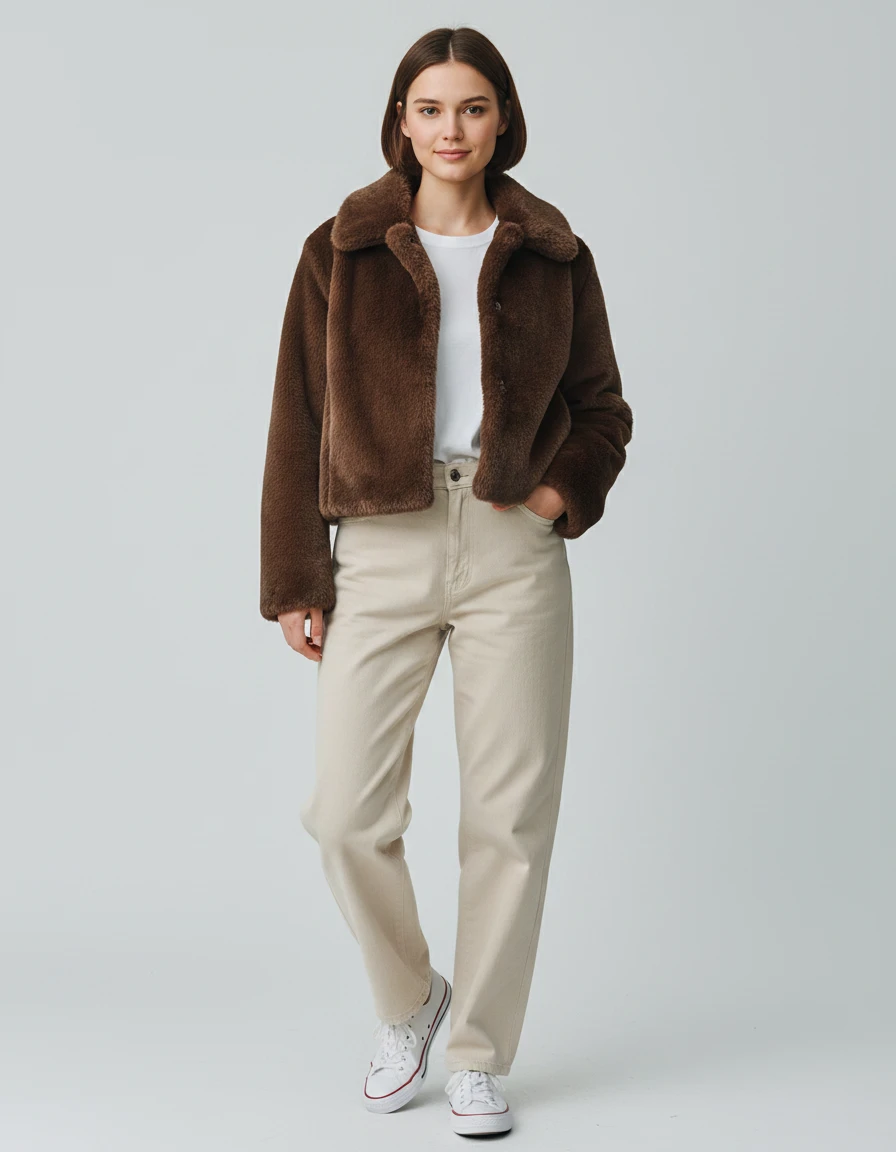 Women's Cropped Jacket with Fluffy and Fur Collar