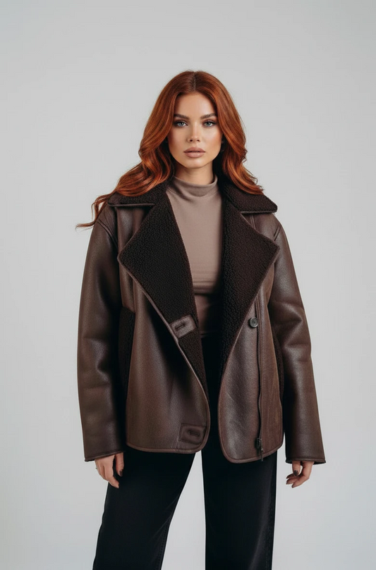 Women's Oversized Aviator Jacket with Fur Collar and Wrap Front