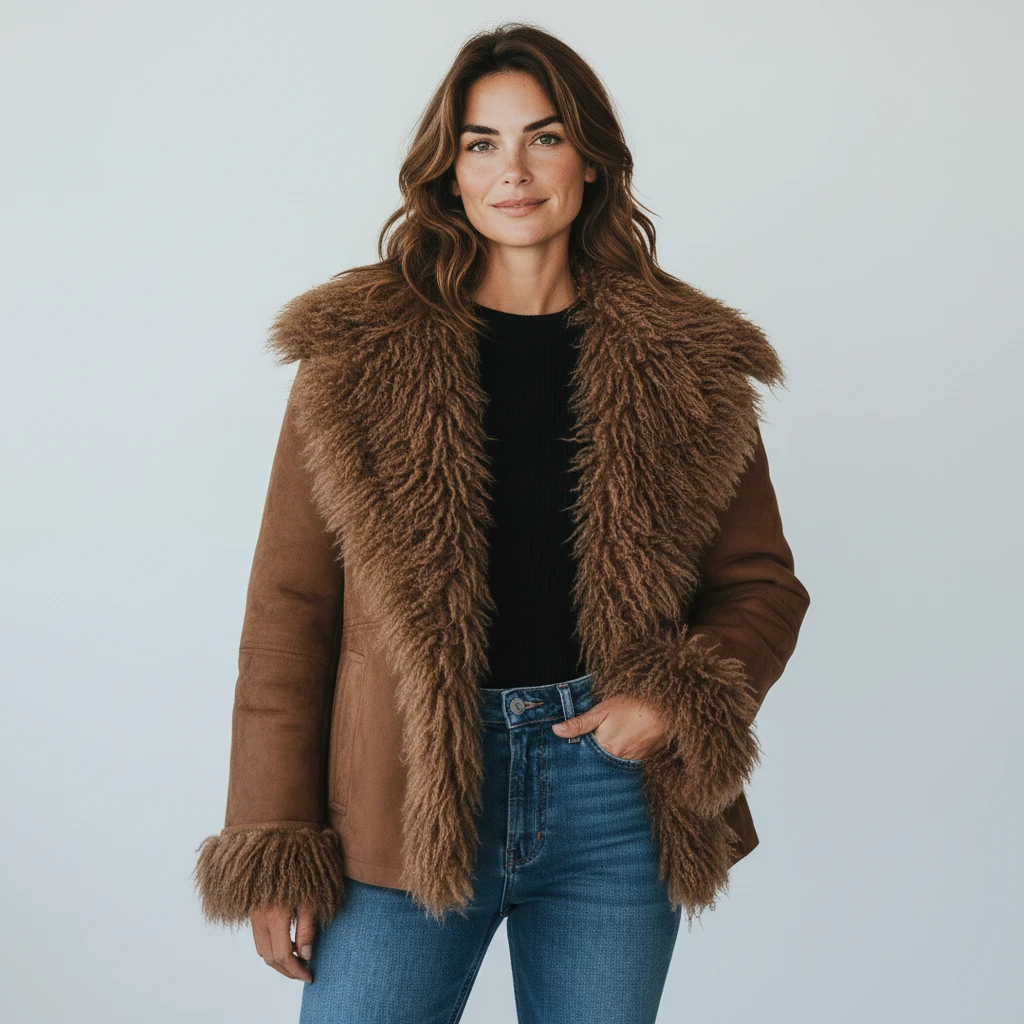Women’s Fluffy Jacket with Fringe and Fur Trim
