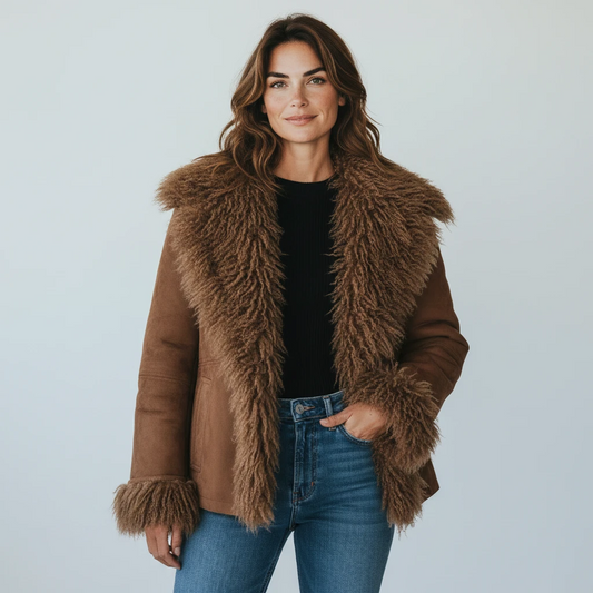 Women’s Fluffy Jacket with Fringe and Fur Trim